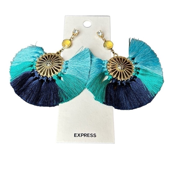 Statement Earrings From Express Boho Tropical Bold Gold & Shades of Blue Fringe - Picture 5 of 13